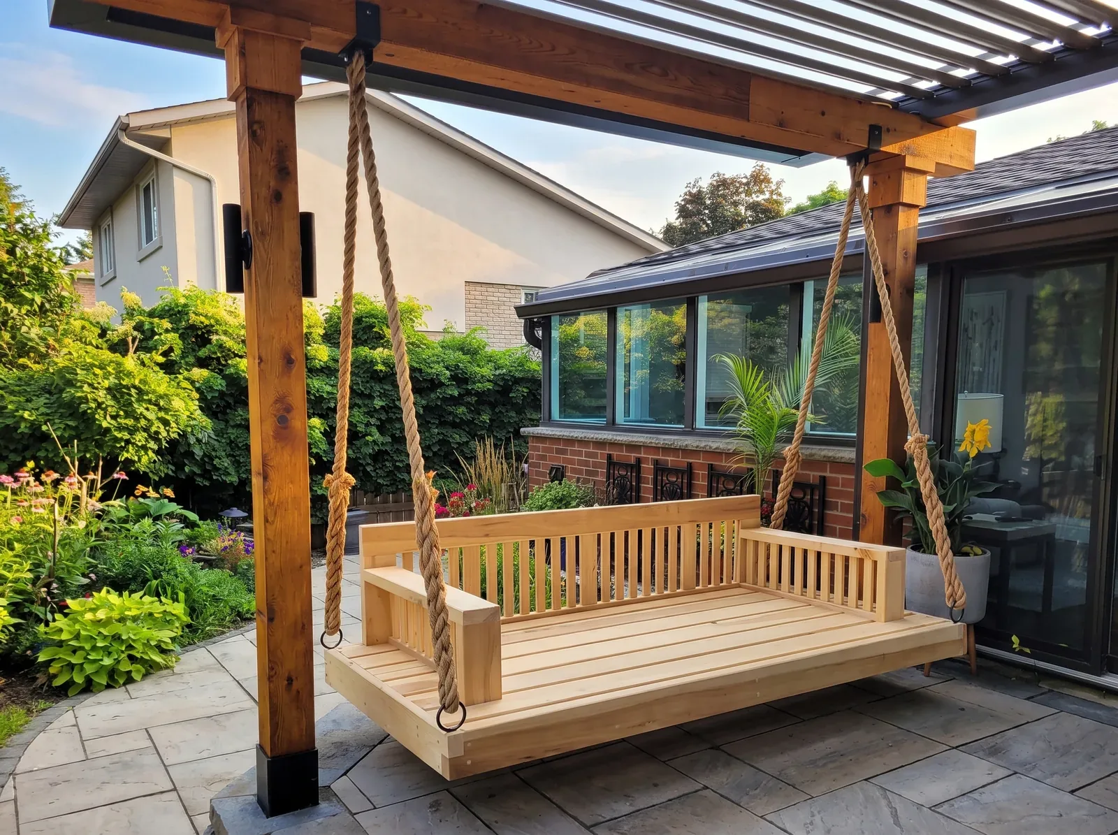 Cedar hanging porch swing under a pergola