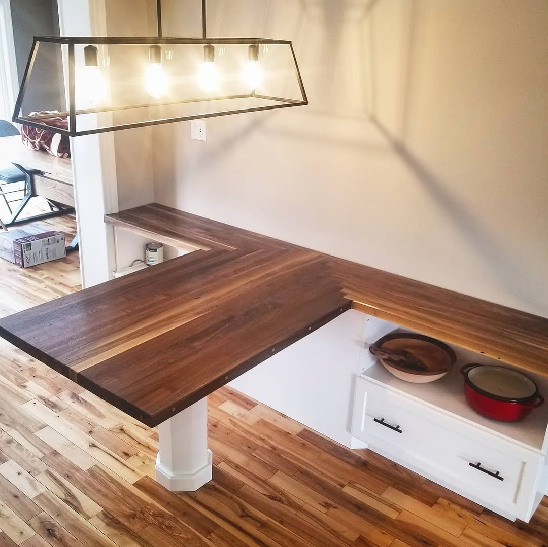Wraparound walnut breakfast bar with storage