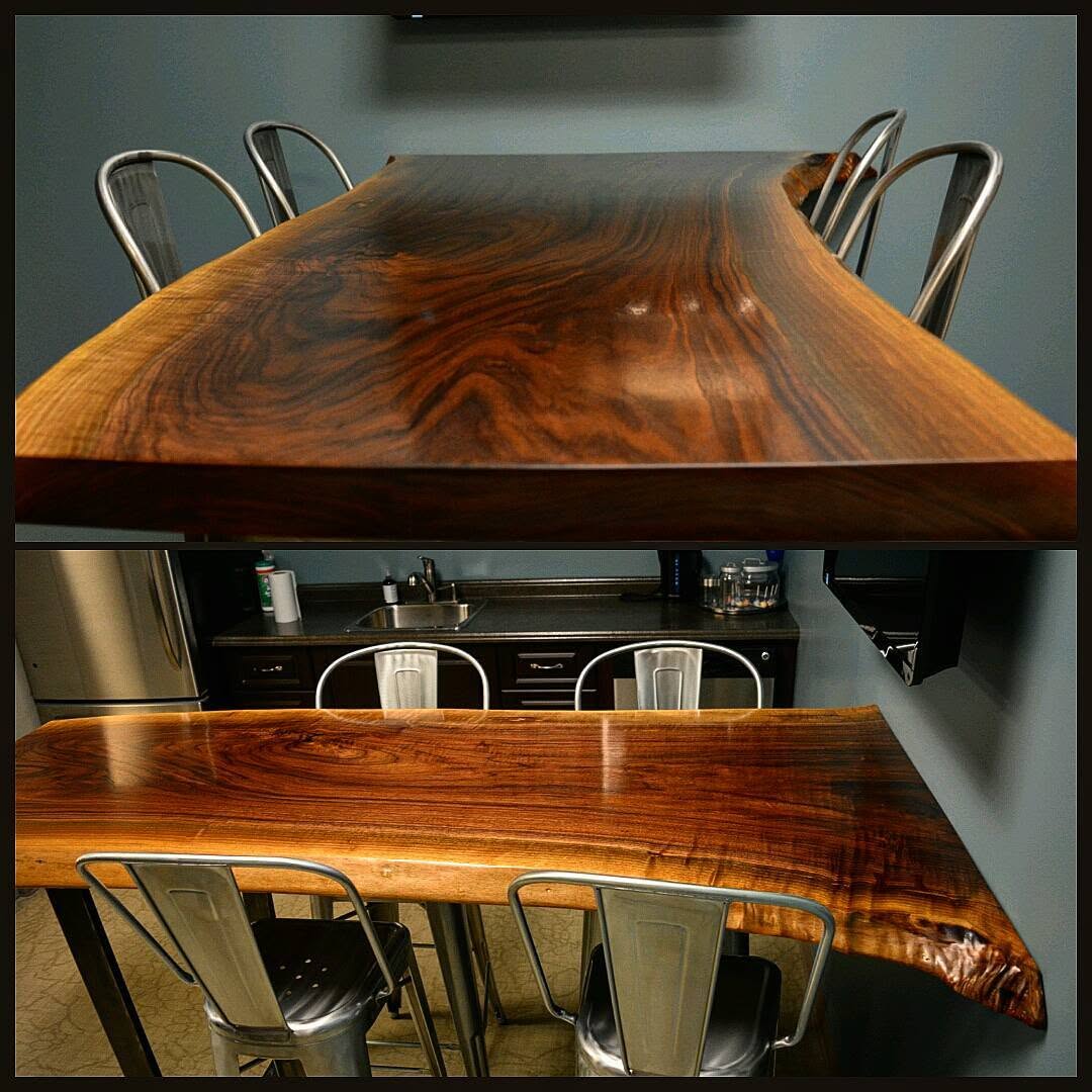 Walnut slab lunch bar with steel stools